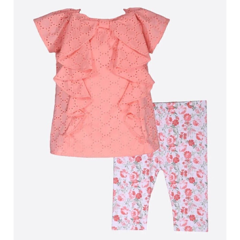 Bonnie Jeans Baby Girl Short Sleeve Ruffle Eyelet Top & Floral Capri Coral 6-9 M